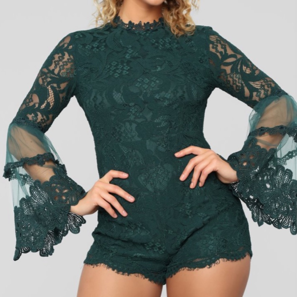 Fashion Nova Dahlia Lace Romper Hunter Green